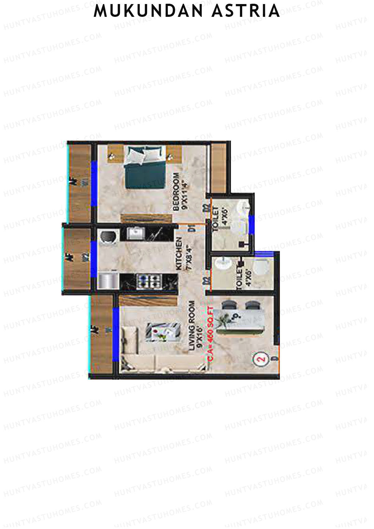 Mukundan Astria, Wing A, Unit 2, 1BHK, Carpet Area 460   sq ft 