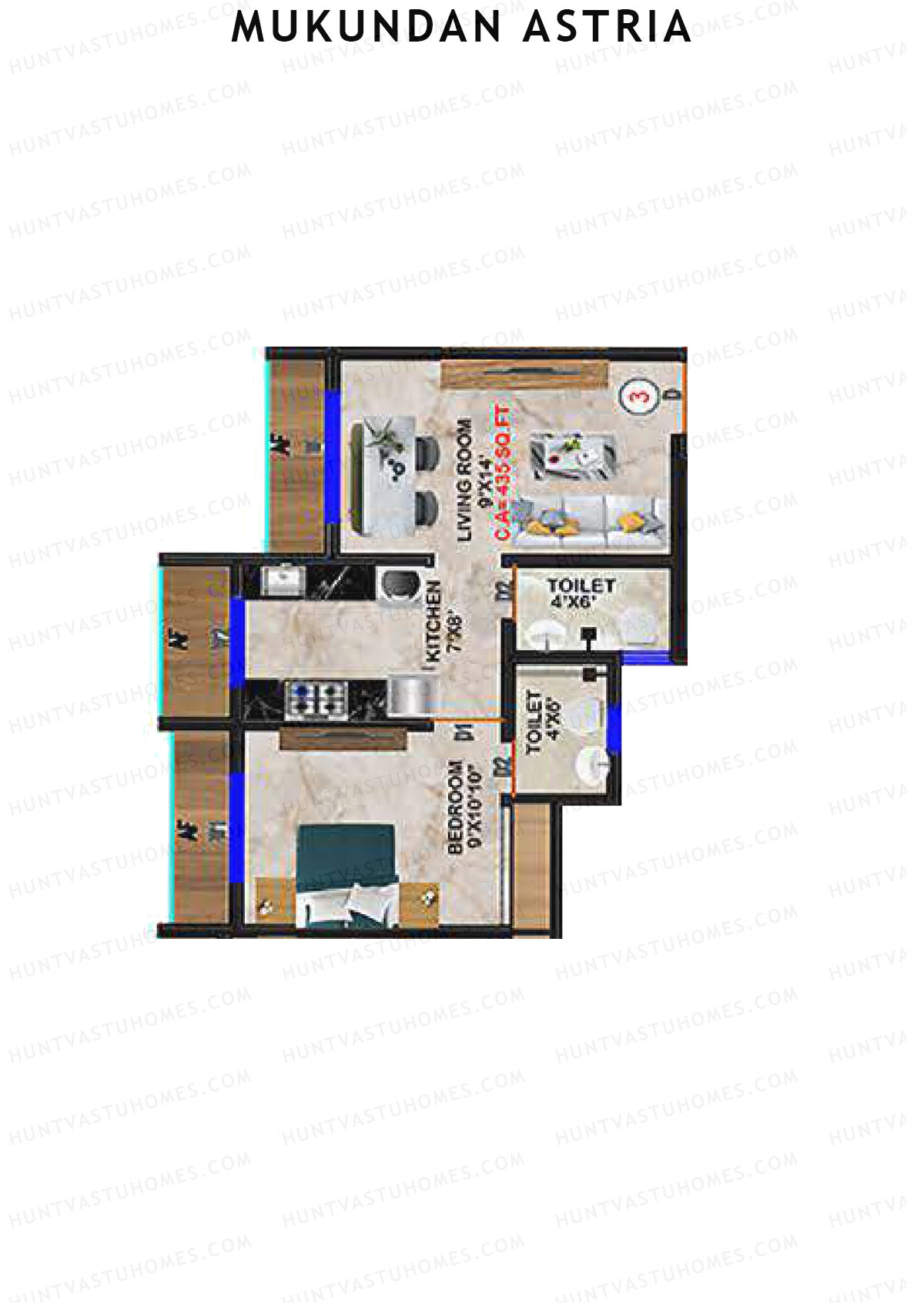 Mukundan Astria, Wing A, Unit 3, 1BHK, Carpet Area 435   sq ft 