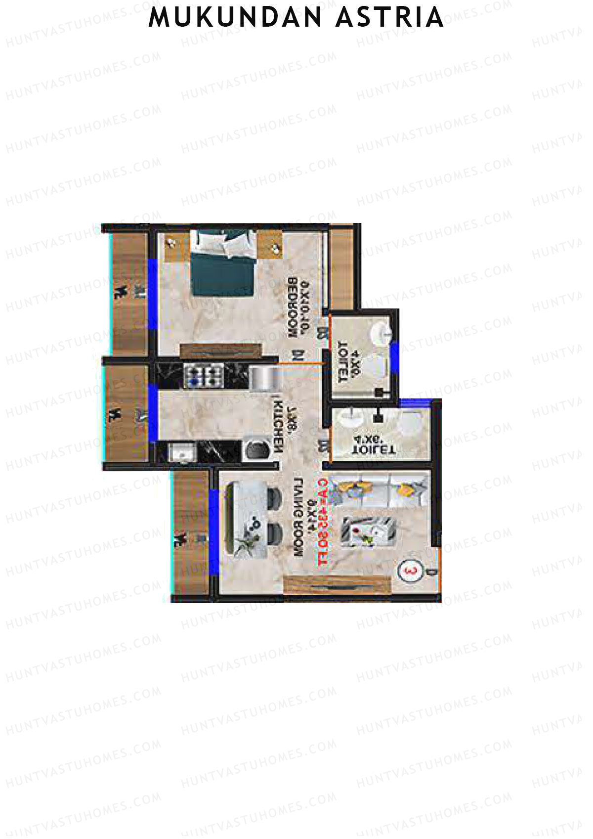 Mukundan Astria, Wing A, Unit 4, 1BHK, Carpet Area 435   sq ft 