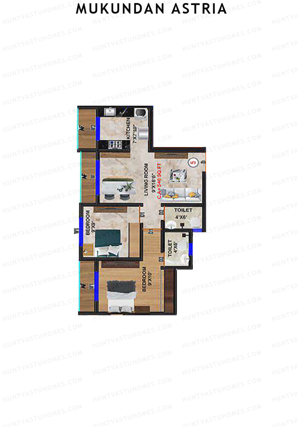 Mukundan Astria, Wing A, Unit 5, 2BHK, Carpet Area 540   sq ft 