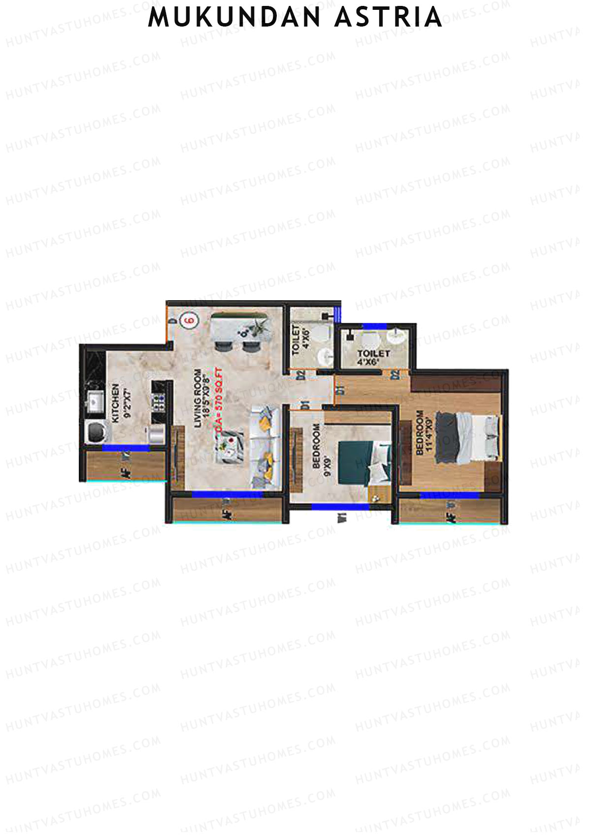 Mukundan Astria, Wing A, Unit 6, 2BHK, Carpet Area 570   sq ft 