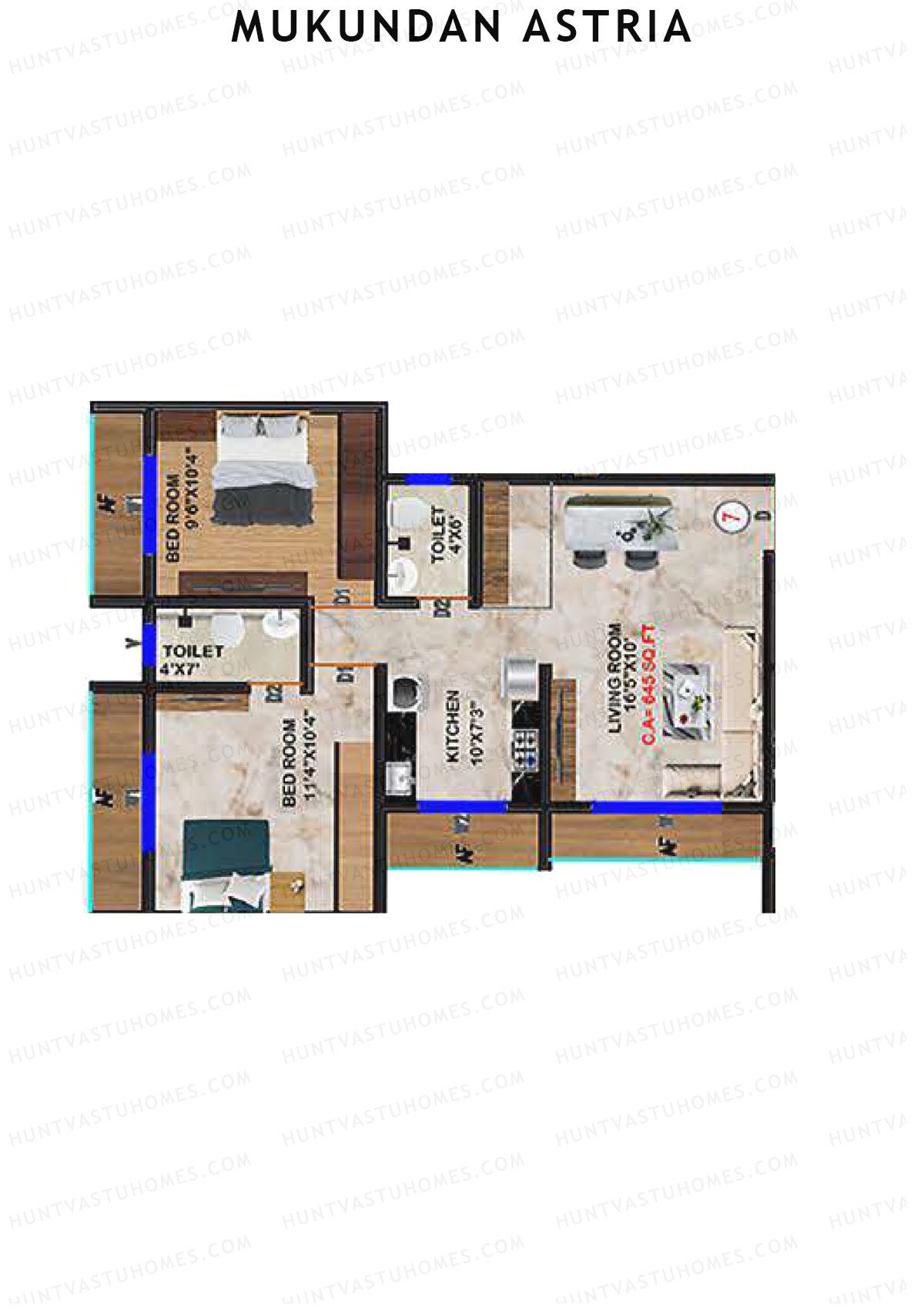 Mukundan Astria, Wing A, Unit 7, 2BHK, Carpet Area 645   sq ft 