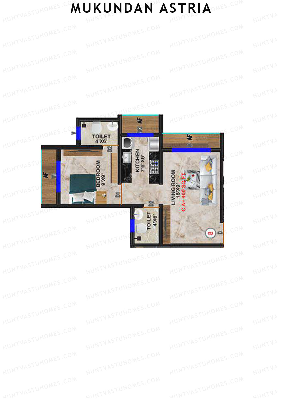 Mukundan Astria, Wing A, Unit 8, 1BHK, Carpet Area 400   sq ft 