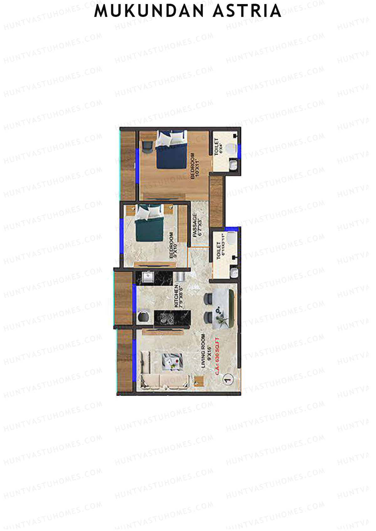 Mukundan Astria, Wing B, Unit 1, 2BHK, Carpet Area 629   sq ft 