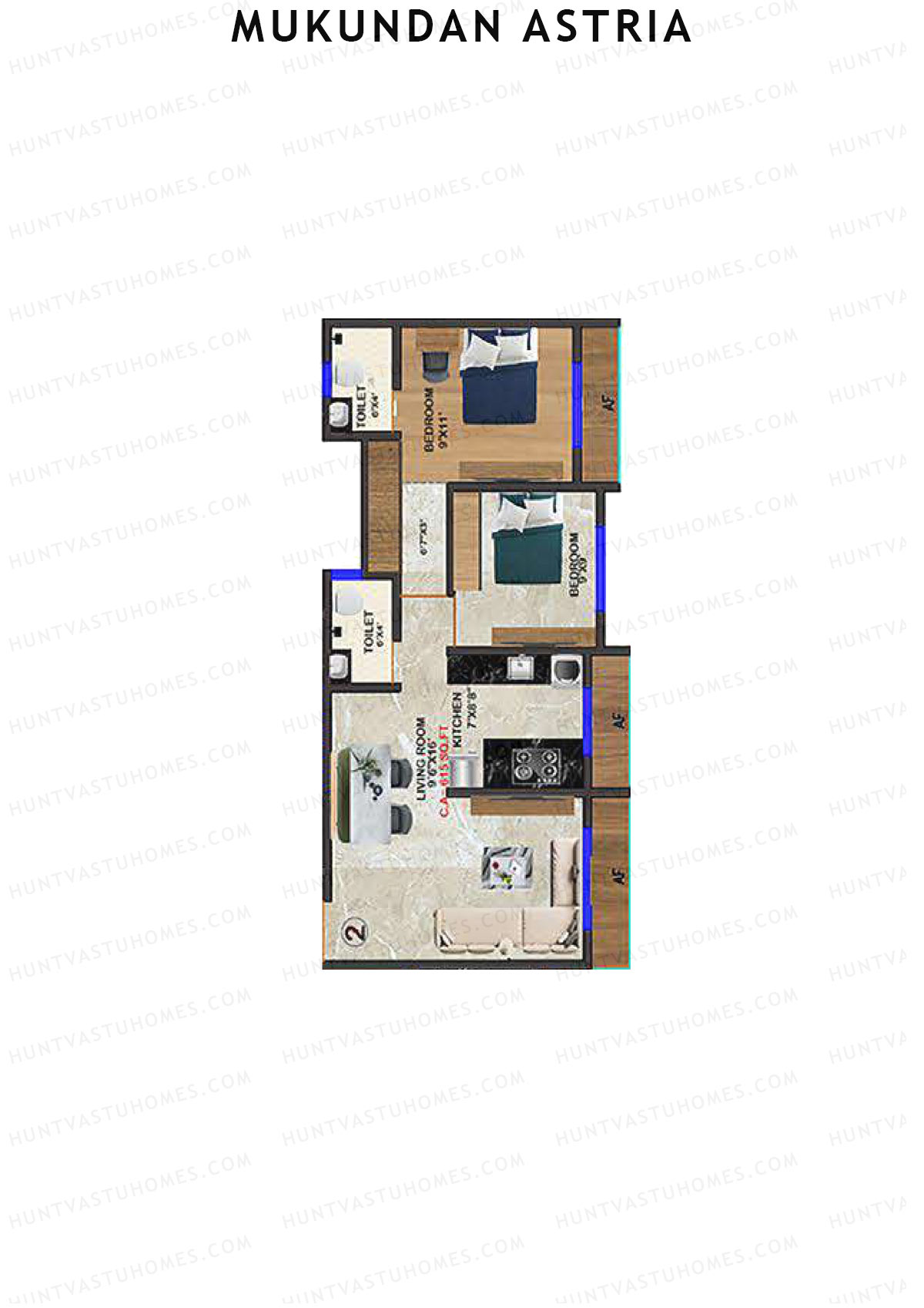 Mukundan Astria, Wing B, Unit 2, 2BHK, Carpet Area 615   sq ft 