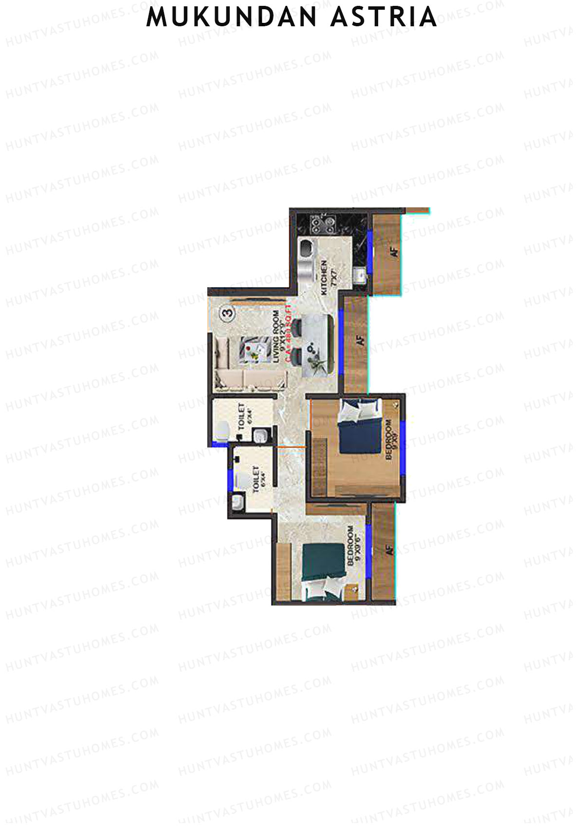 Mukundan Astria, Wing B, Unit 3, 2BHK, Carpet Area 480   sq ft 