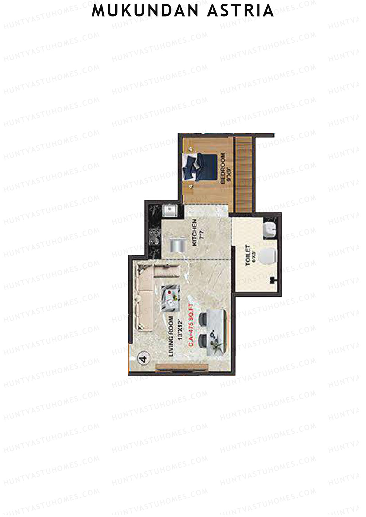Mukundan Astria, Wing B, Unit 4, 1BHK, Carpet Area 475   sq ft 