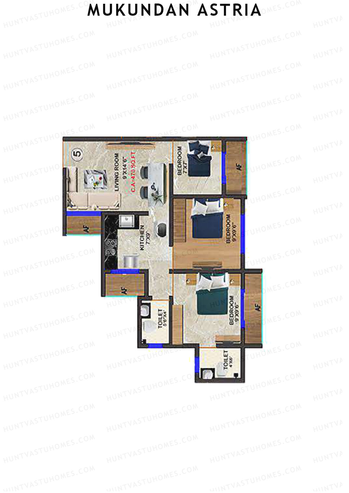 Mukundan Astria, Wing B, Unit 5, 3BHK, Carpet Area 470   sq ft 
