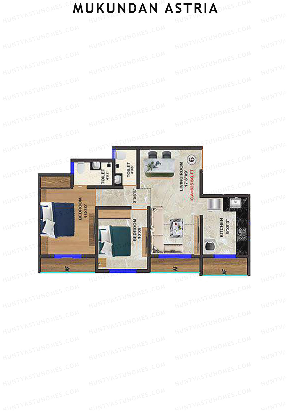 Mukundan Astria, Wing B, Unit 6, 2BHK, Carpet Area 625   sq ft 