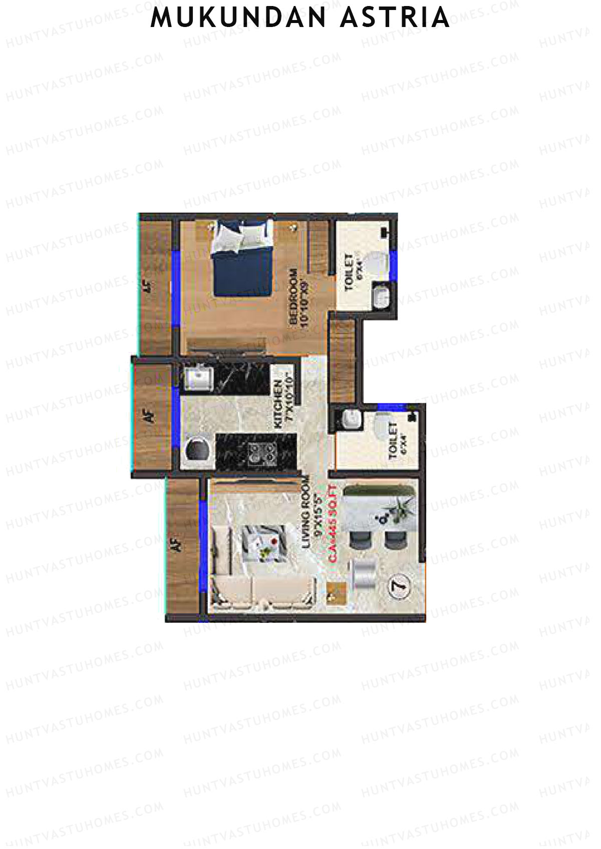 Mukundan Astria, Wing B, Unit 7, 1BHK, Carpet Area 445   sq ft 