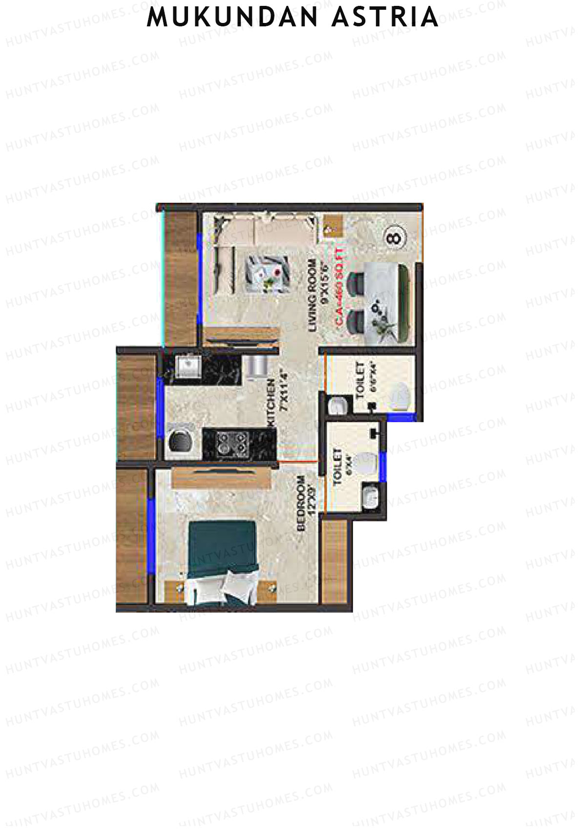 Mukundan Astria, Wing B, Unit 8, 1BHK, Carpet Area 460   sq ft 