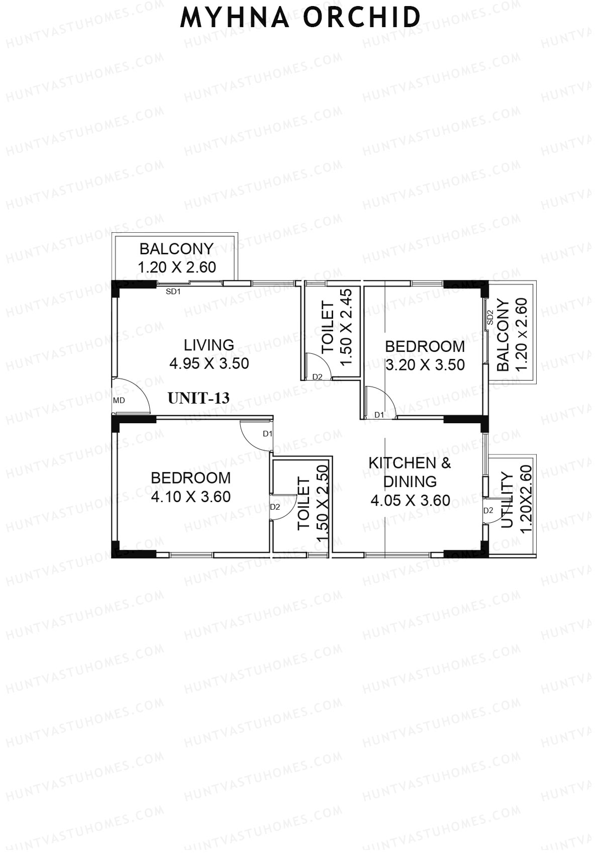 Myhna Orchid, Block 1, Unit 13, 2BHK, Carpet Area 909   sq ft 