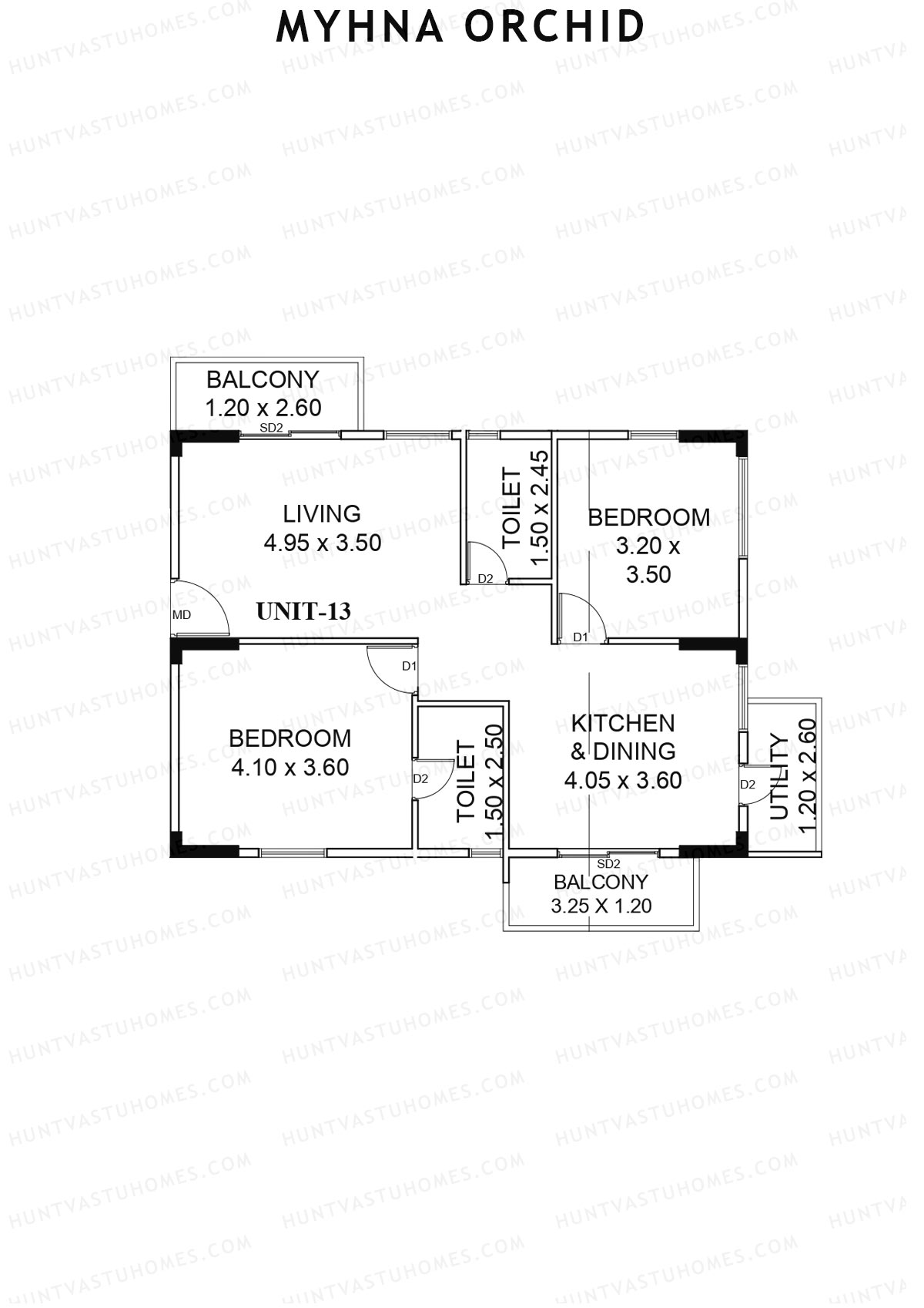 Myhna Orchid, Block 1, Unit 13, 2BHK, Carpet Area 830   sq ft 