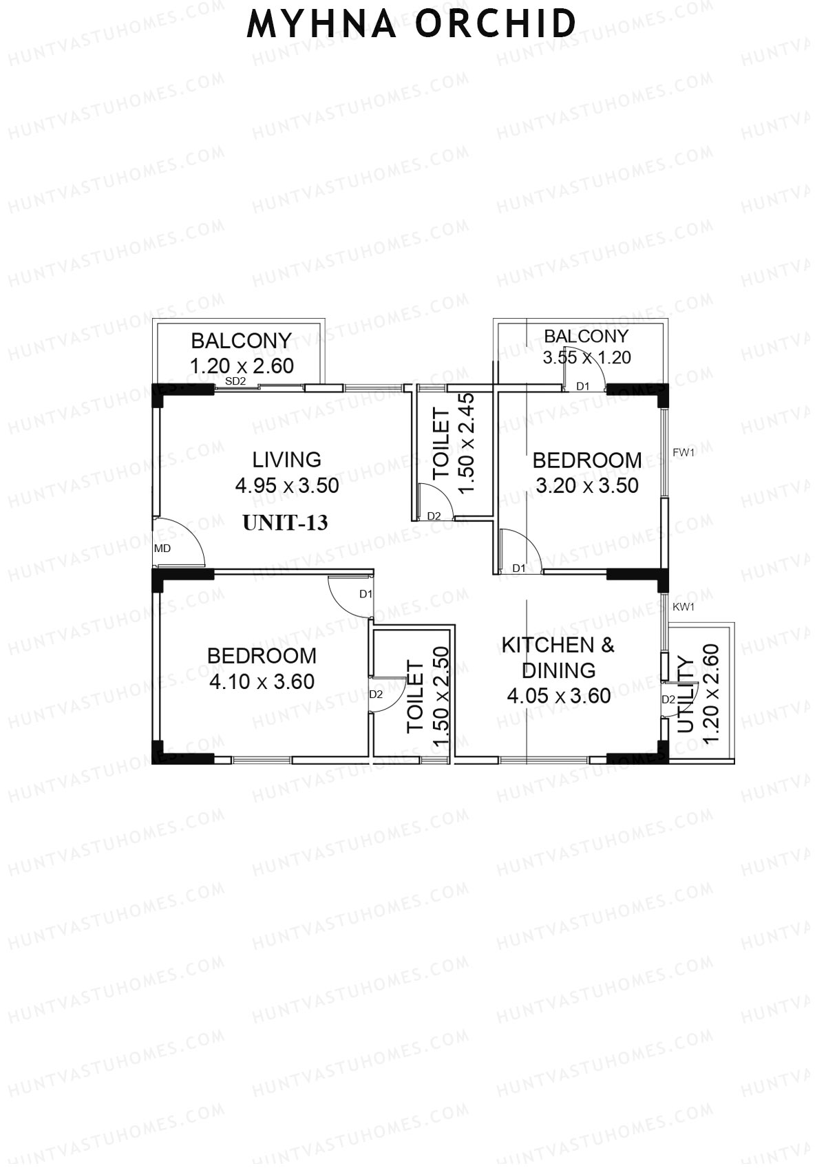 Myhna Orchid, Block 1, Unit 13, 2BHK, Carpet Area 909   sq ft 