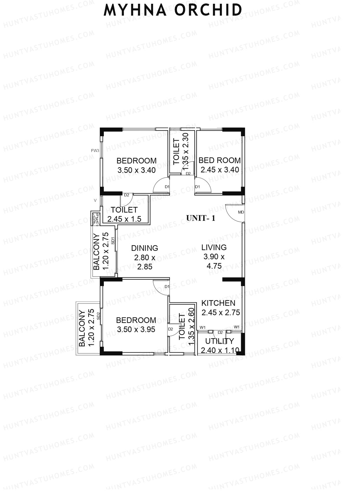 Myhna Orchid, Block 1, Unit 1, 4BHK, Carpet Area 992   sq ft 