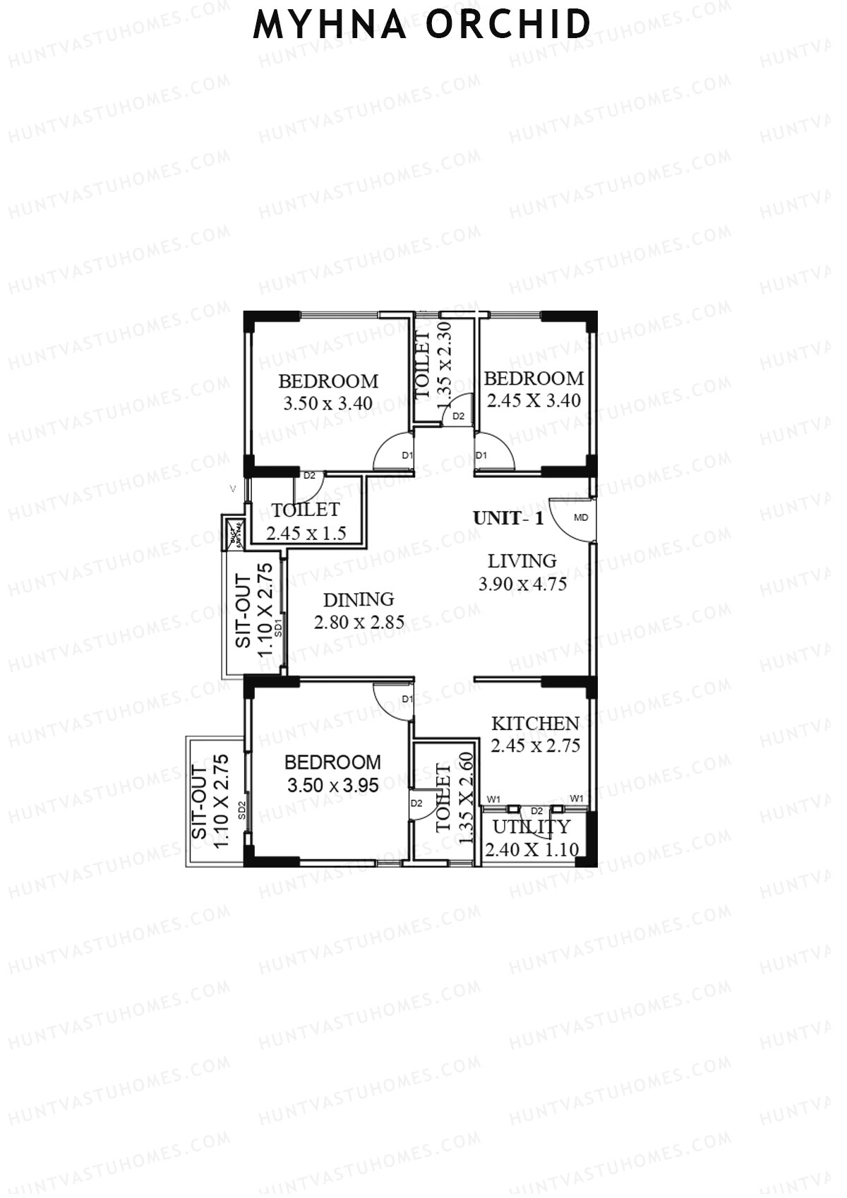Myhna Orchid, Block 1, Unit 1, 3BHK, Carpet Area 955   sq ft 