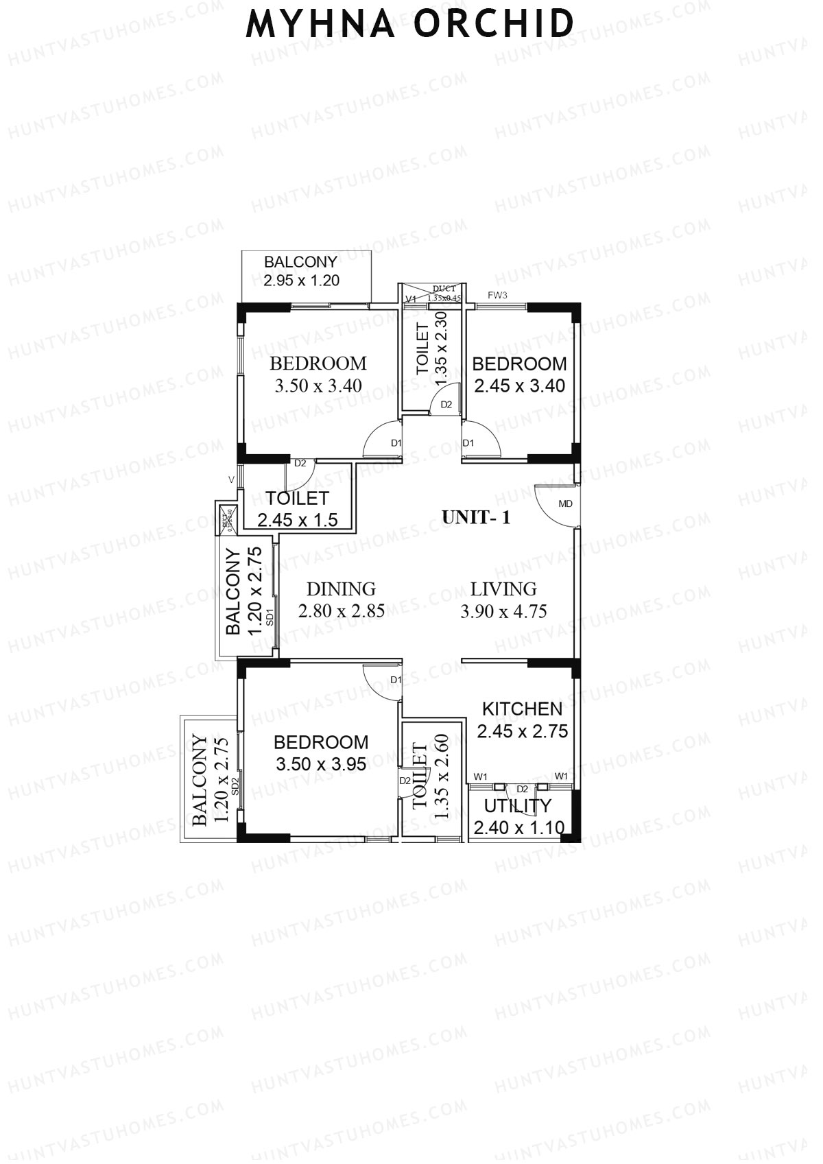 Myhna Orchid, Block 1, Unit 1, 3BHK, Carpet Area 990   sq ft 
