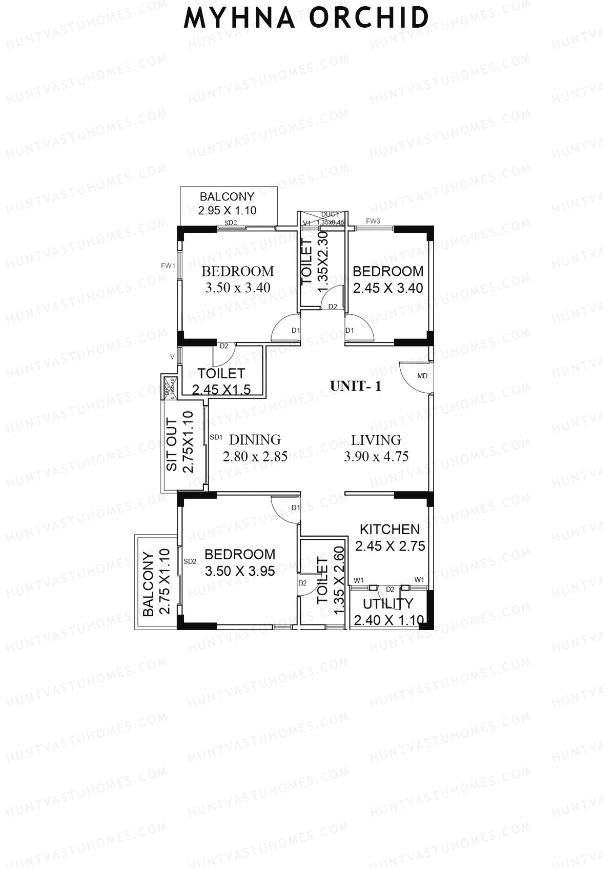 Myhna Orchid, Block 1, Unit 1, 3BHK, Carpet Area 992   sq ft 