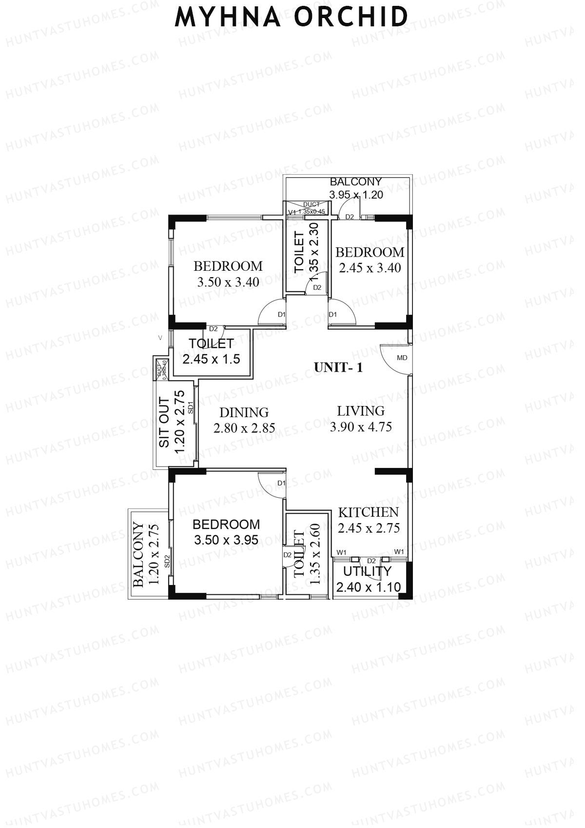 Myhna Orchid, Block 1, Unit 1, 3BHK, Carpet Area 994   sq ft 