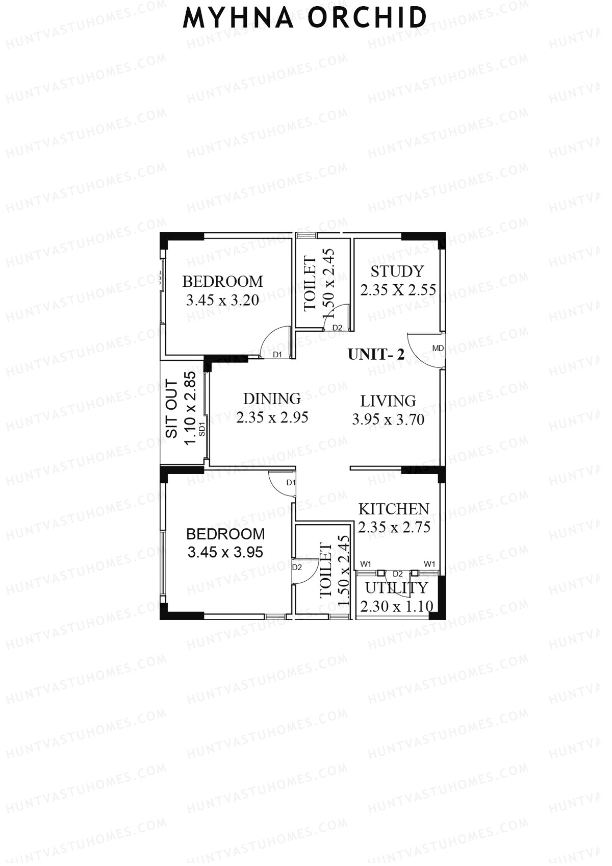 Myhna Orchid, Block 1, Unit 2, 2BHK, Carpet Area 878   sq ft 