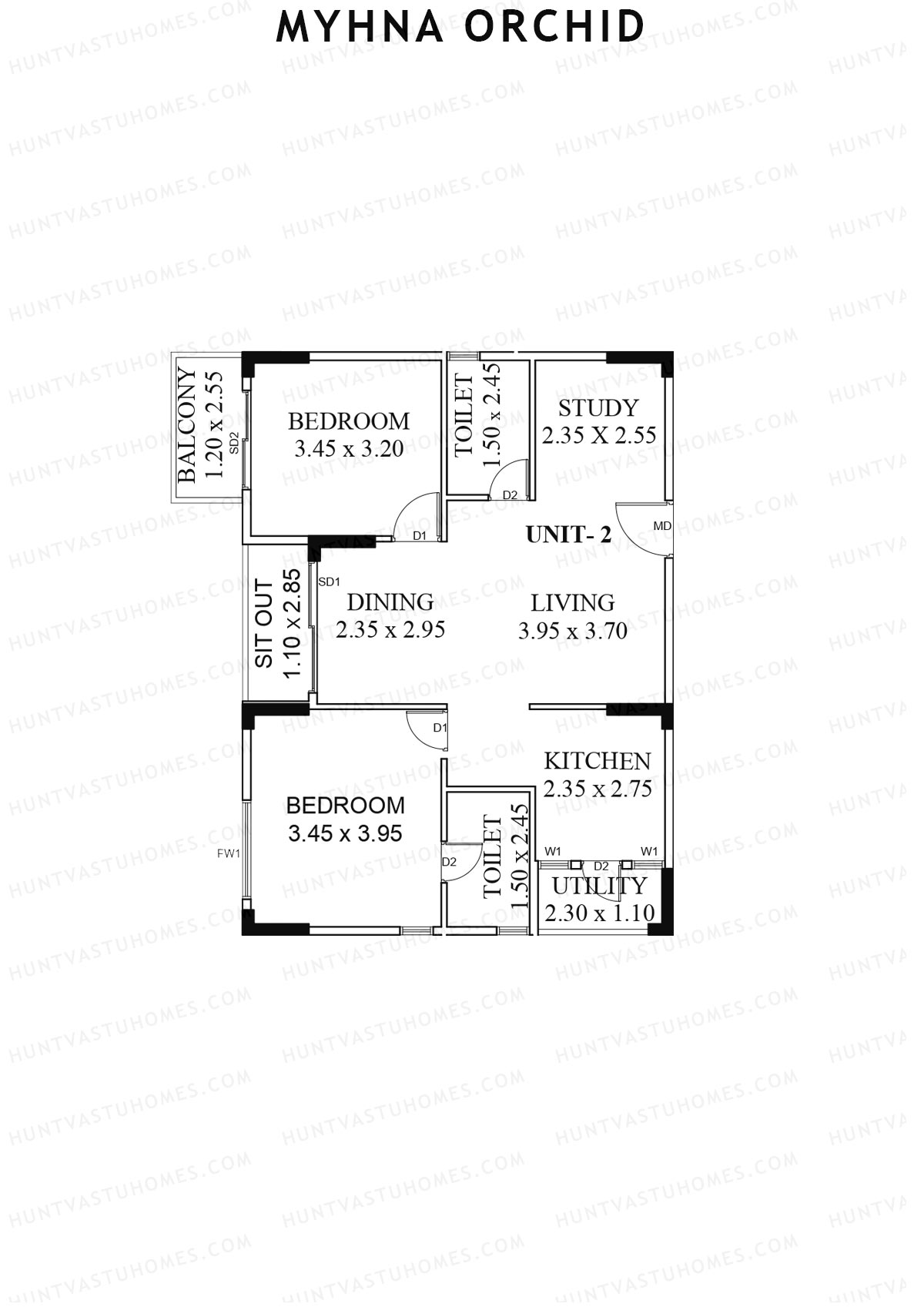 Myhna Orchid, Block 1, Unit 2, 2BHK, Carpet Area 881   sq ft 