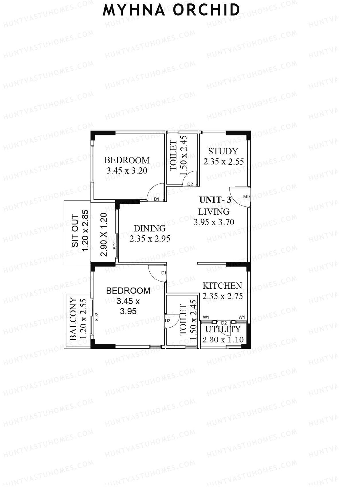 Myhna Orchid, Block 1, Unit 3, 2BHK, Carpet Area 807   sq ft 