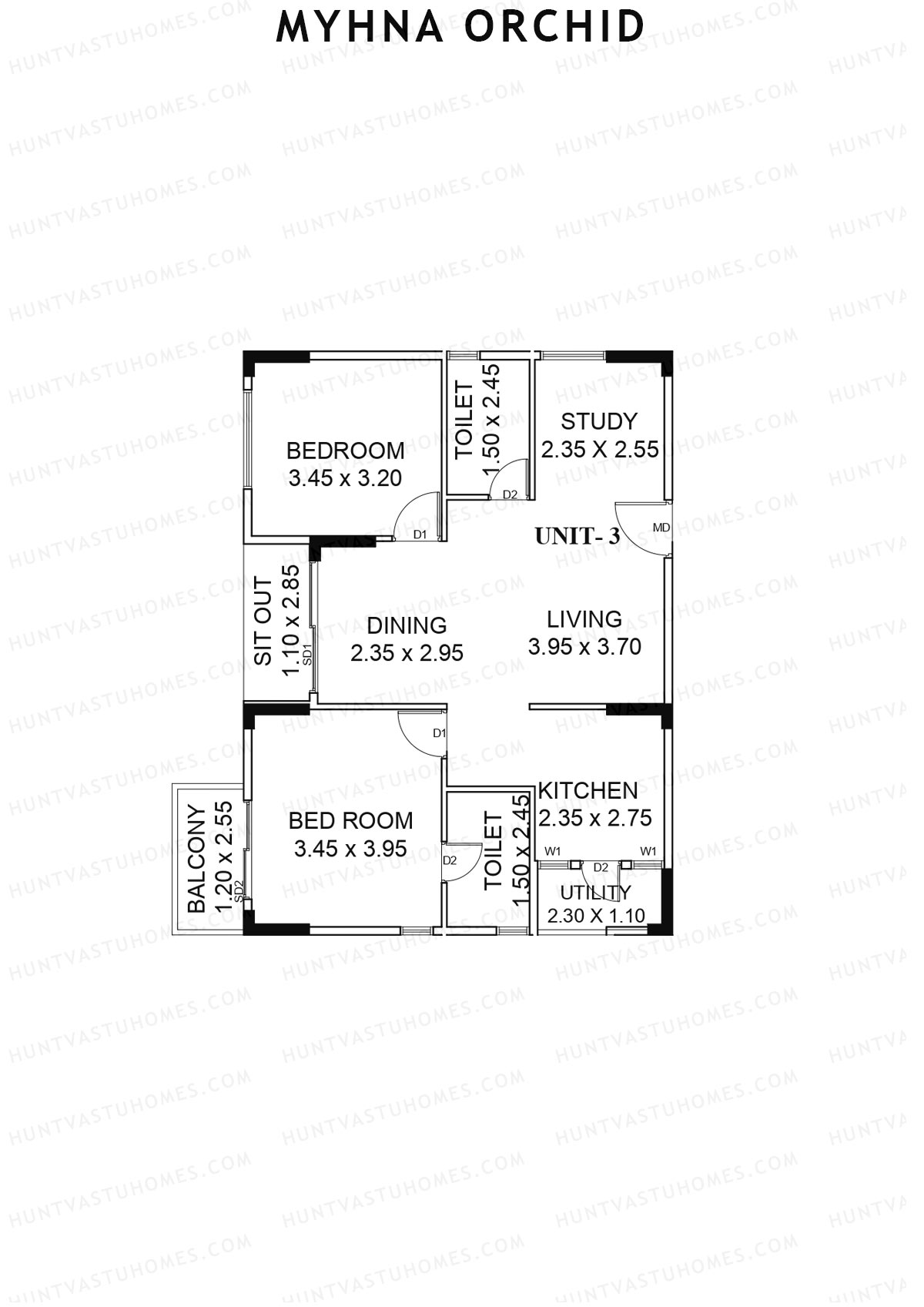 Myhna Orchid, Block 1, Unit 3, 2BHK, Carpet Area 878   sq ft 