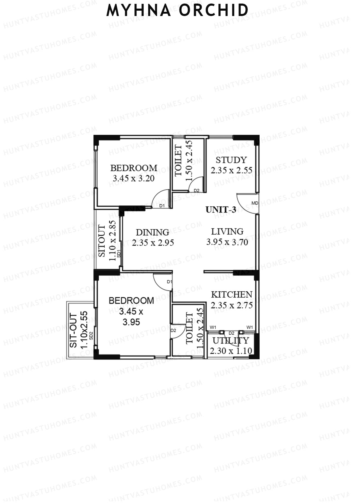 Myhna Orchid, Block 1, Unit 3, 2BHK, Carpet Area 807   sq ft 