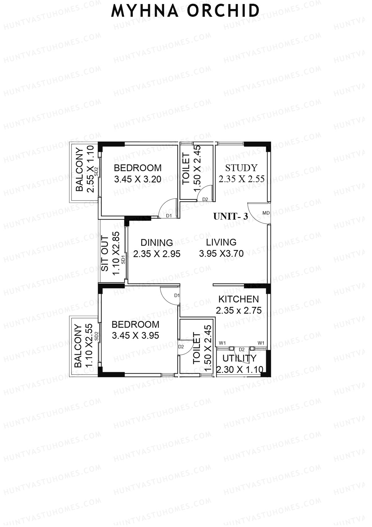 Myhna Orchid, Block 1, Unit 3, 2BHK, Carpet Area 878   sq ft 