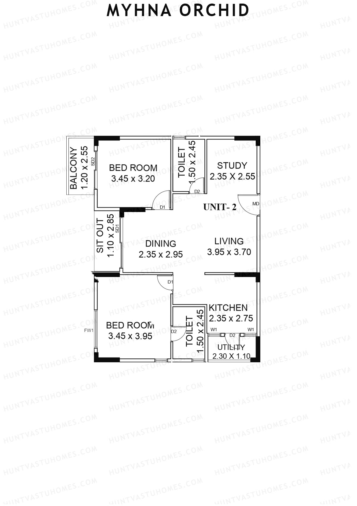 Myhna Orchid, Block 1, Unit 4, 2BHK, Carpet Area 842   sq ft 