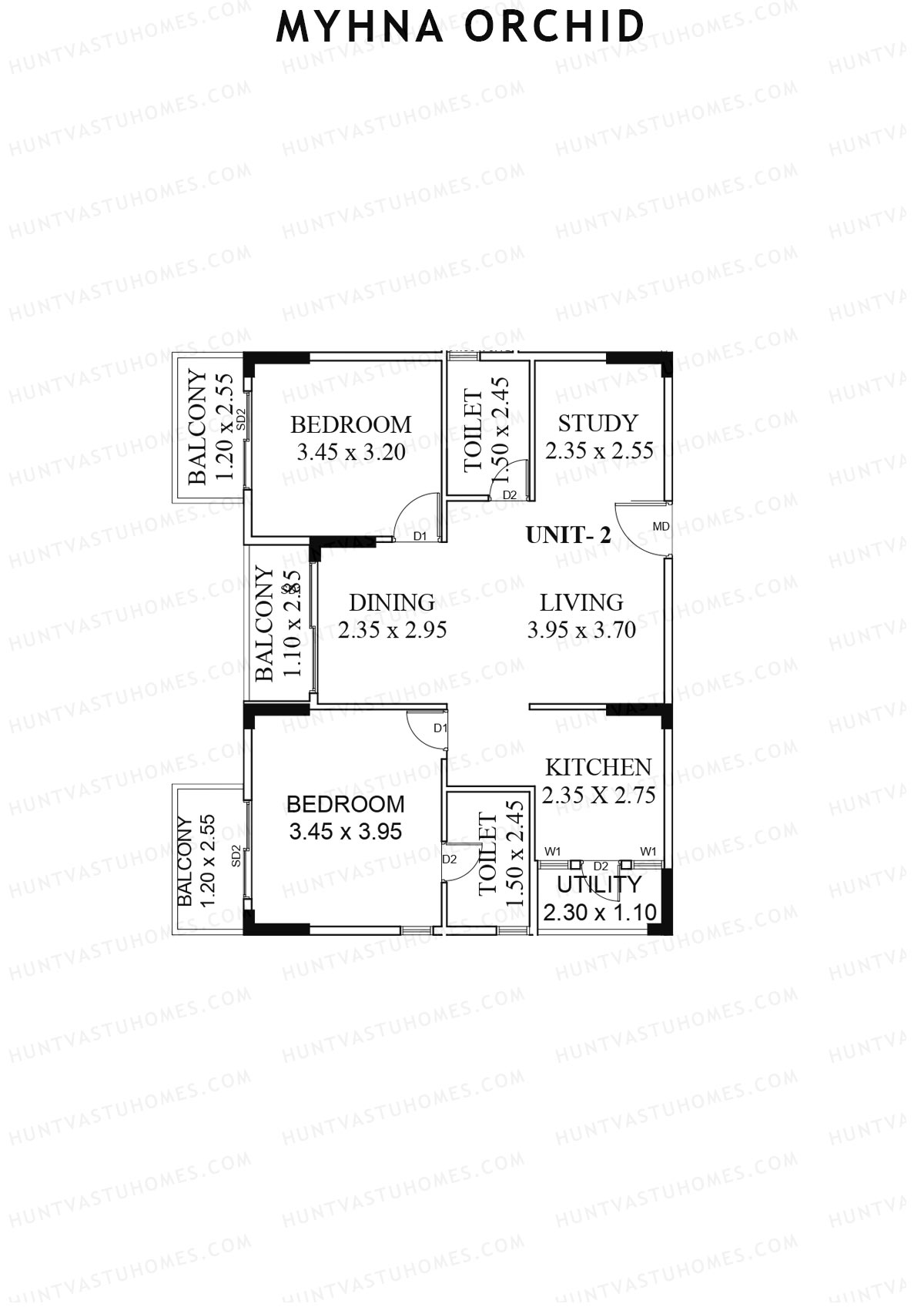 Myhna Orchid, Block 1, Unit 4, 2BHK, Carpet Area 878   sq ft 
