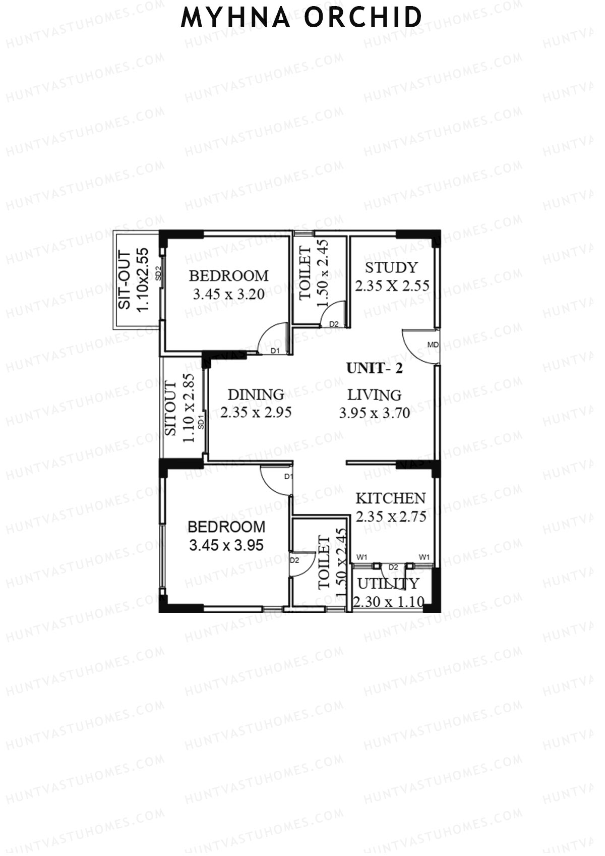 Myhna Orchid, Block 1, Unit 4, 2BHK, Carpet Area 807   sq ft 