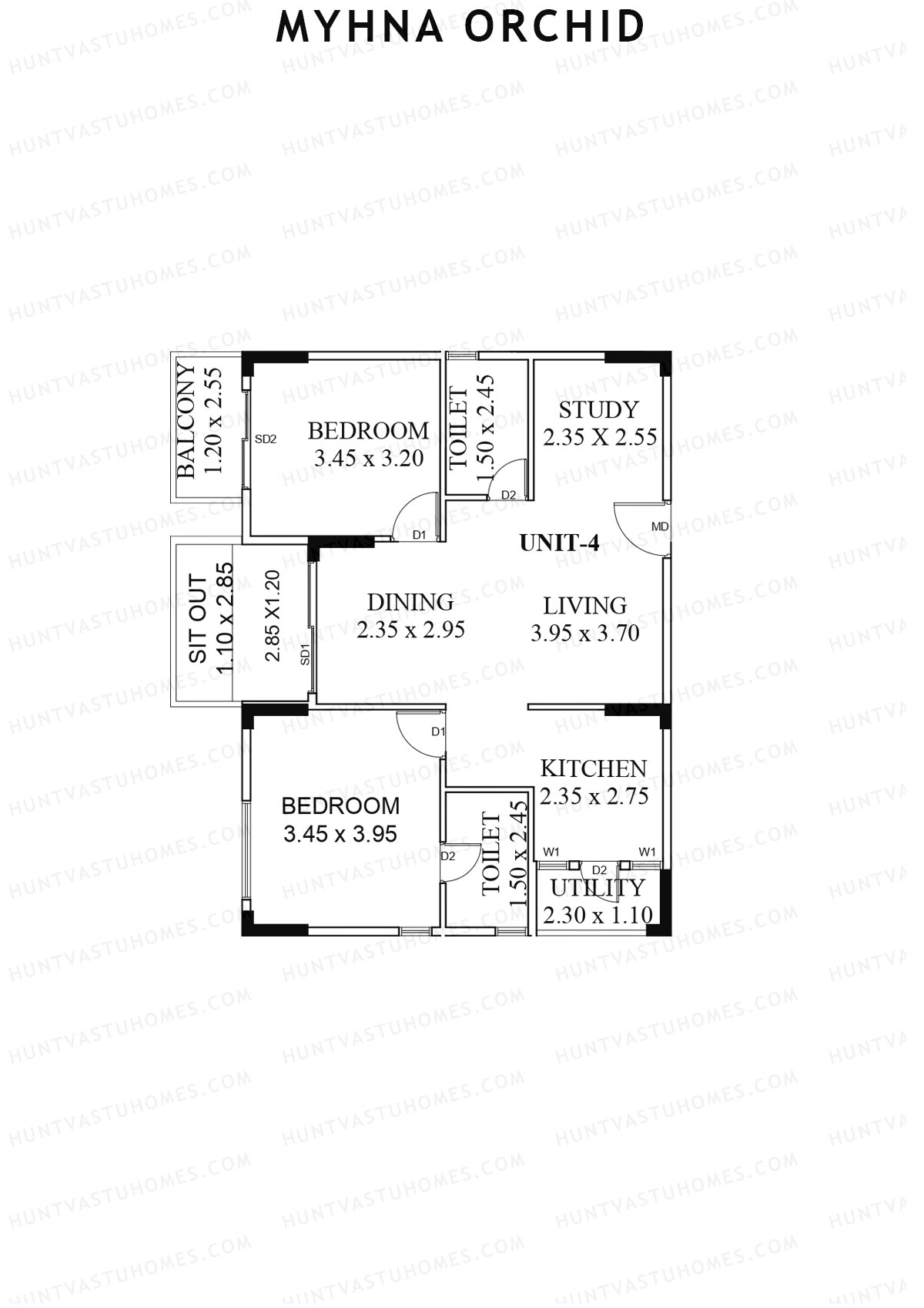 Myhna Orchid, Block 1, Unit 4, 2BHK, Carpet Area 842   sq ft 