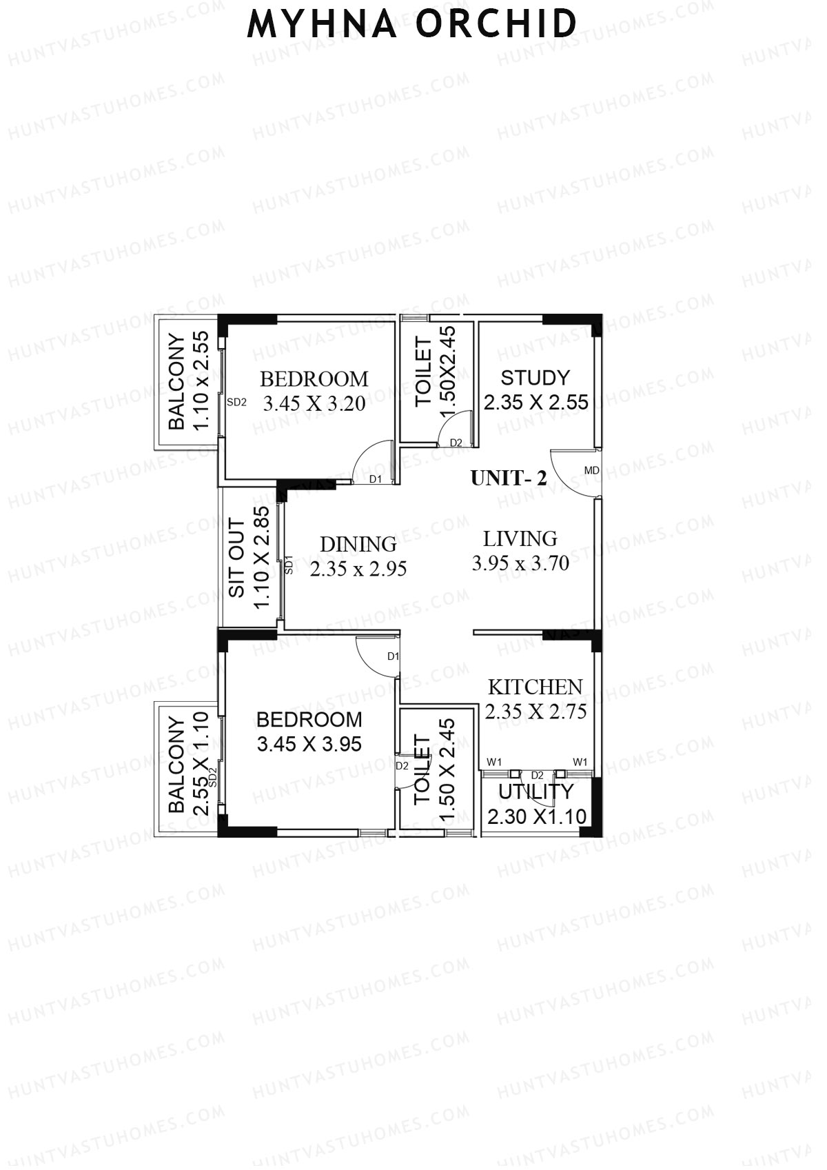 Myhna Orchid, Block 1, Unit 4, 2BHK, Carpet Area 878   sq ft 