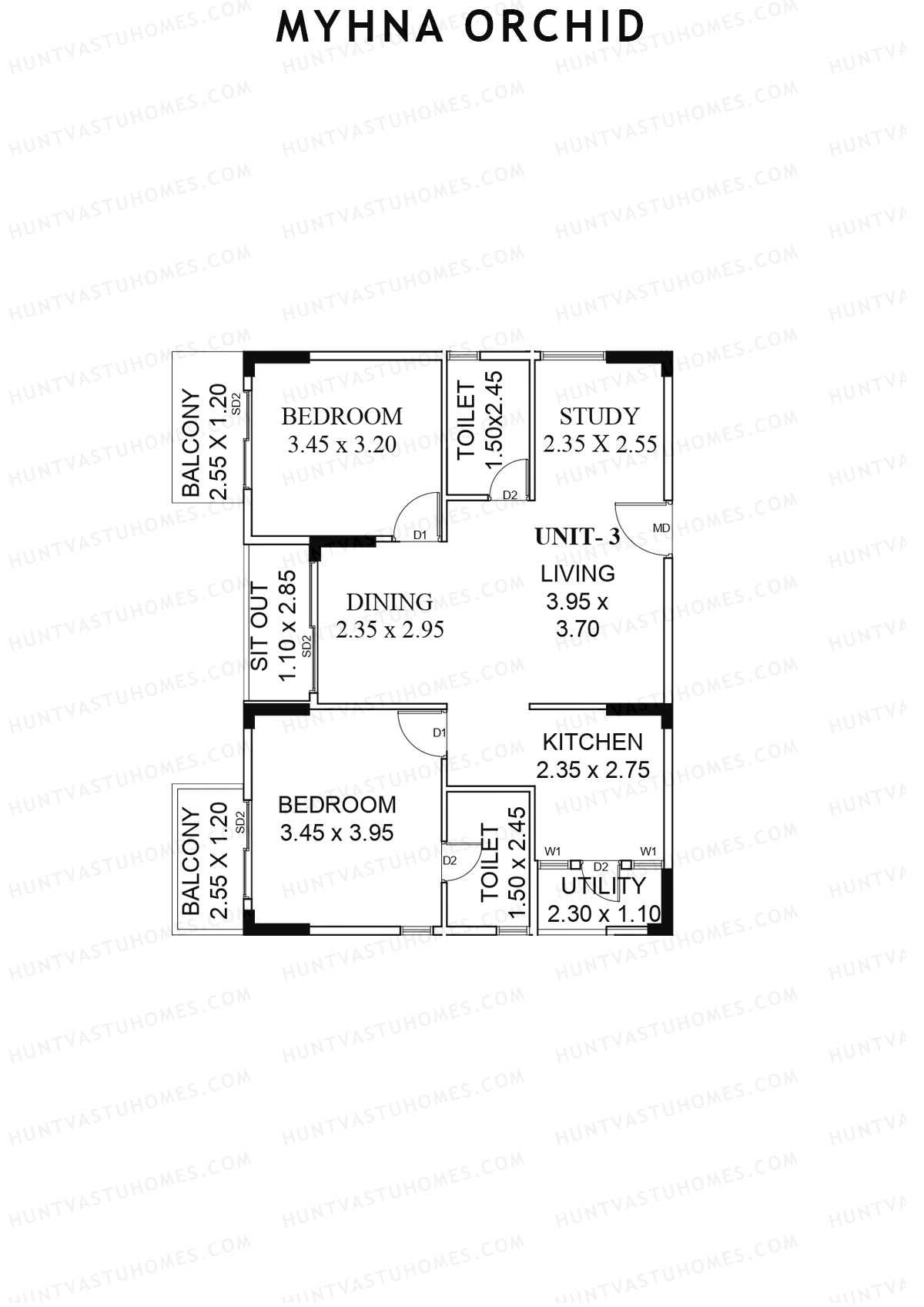 Myhna Orchid, Block 1, Unit 5, 2BHK, Carpet Area 807   sq ft 