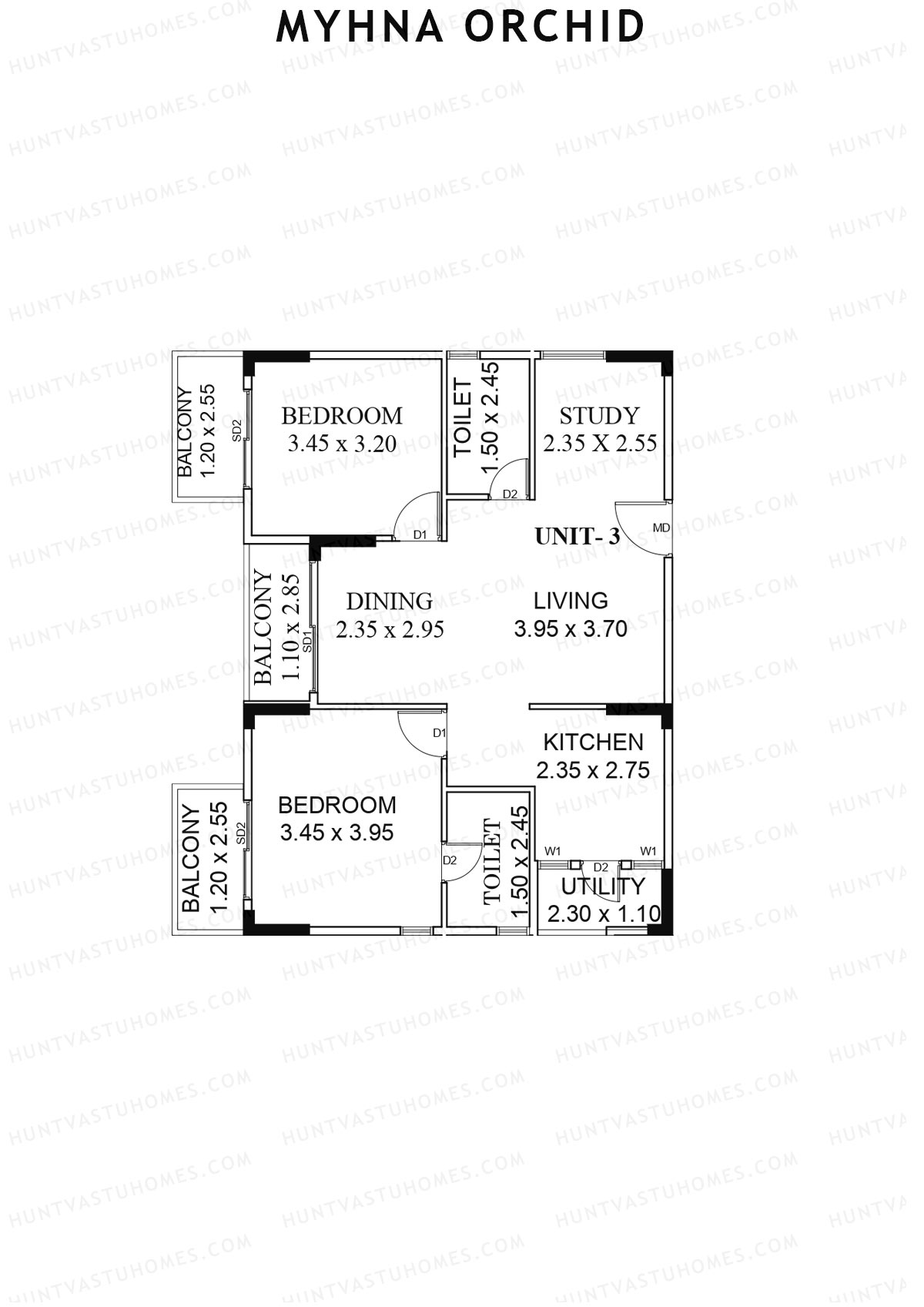 Myhna Orchid, Block 1, Unit 5, 2BHK, Carpet Area 842   sq ft 