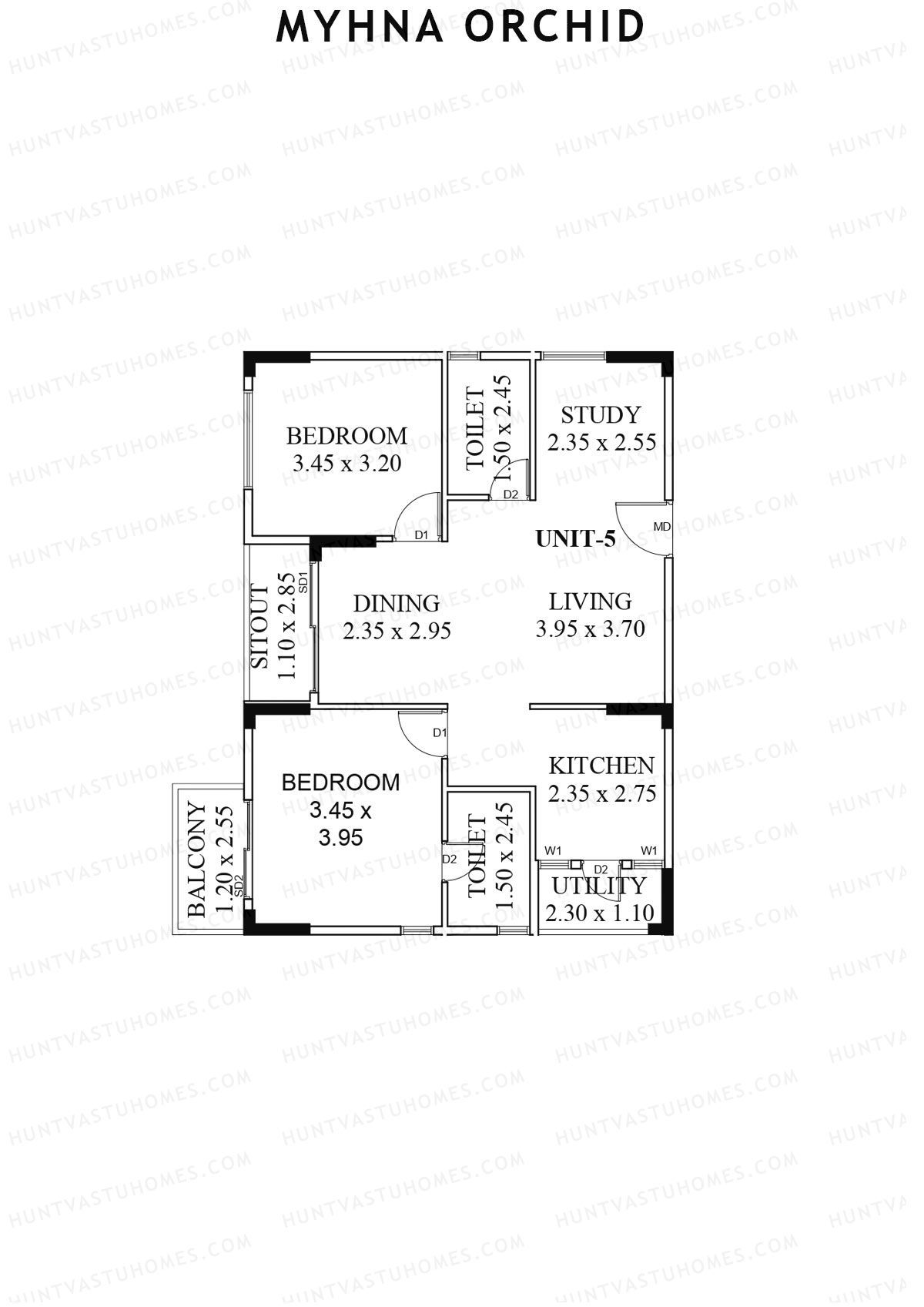 Myhna Orchid, Block 1, Unit 5, 2BHK, Carpet Area 807   sq ft 