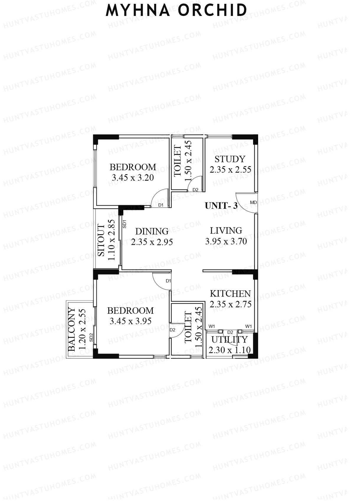Myhna Orchid, Block 1, Unit 5, 2BHK, Carpet Area 881   sq ft 