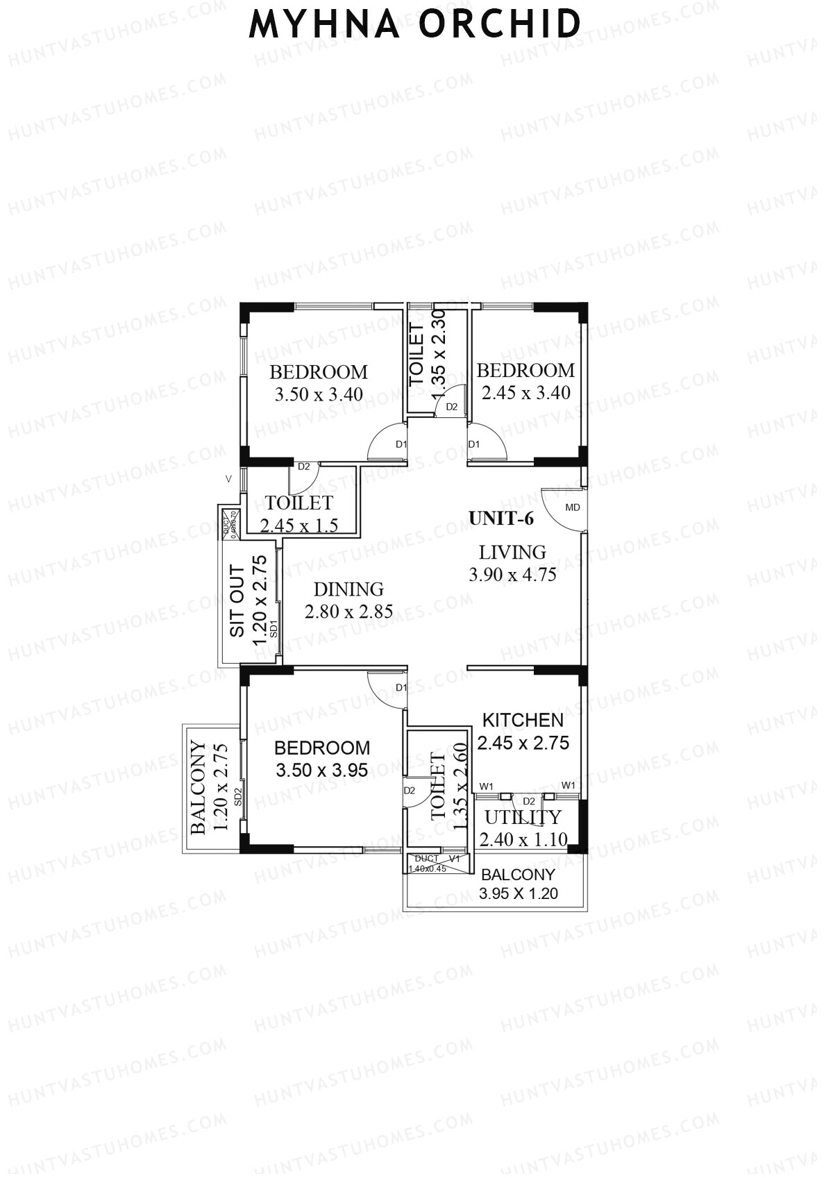 Myhna Orchid, Block 1, Unit 6, 3BHK, Carpet Area 992   sq ft 
