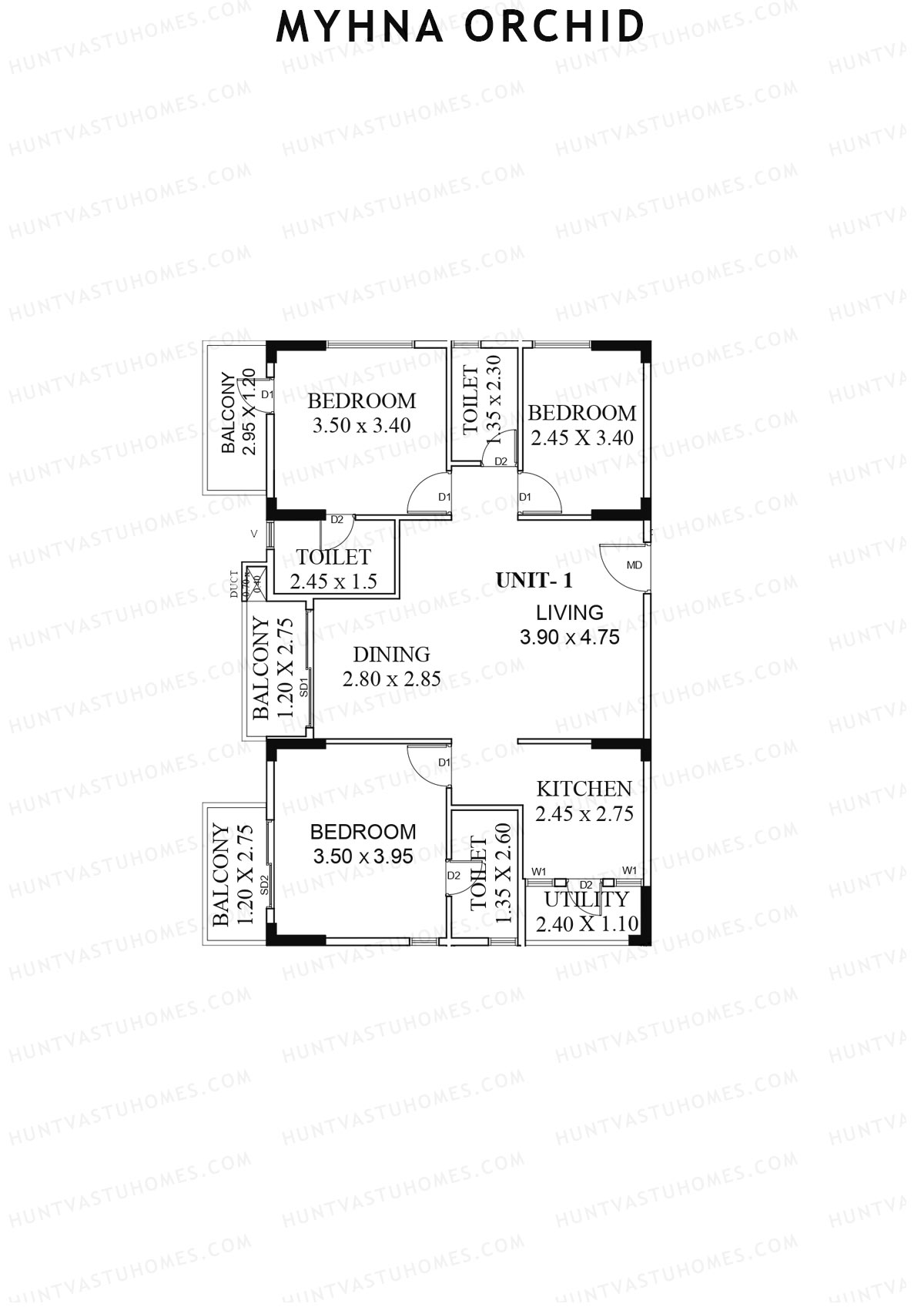 Myhna Orchid, Block 1, Unit 6, 3BHK, Carpet Area 995   sq ft 