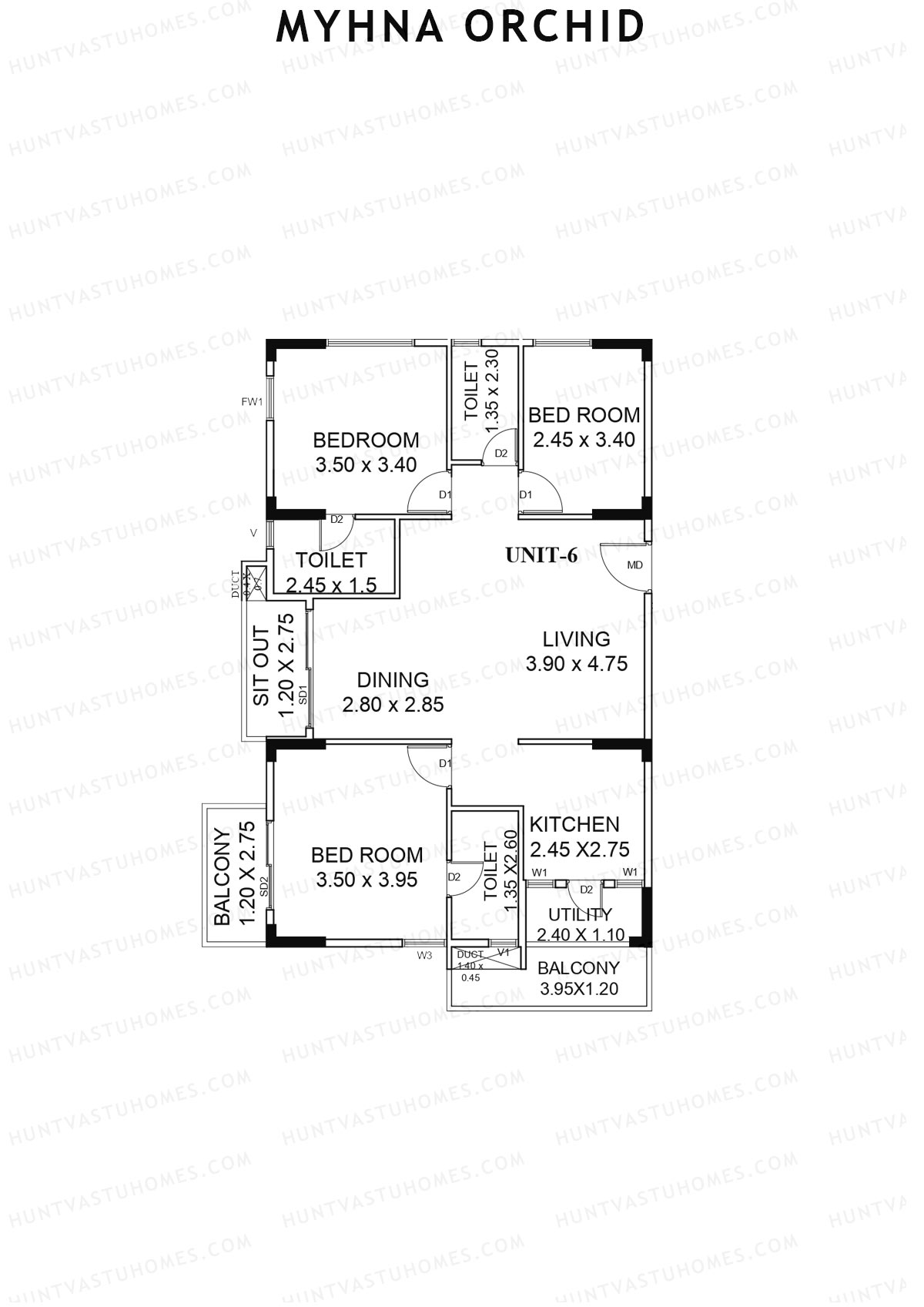 Myhna Orchid, Block 1, Unit 6, 3BHK, Carpet Area 992   sq ft 