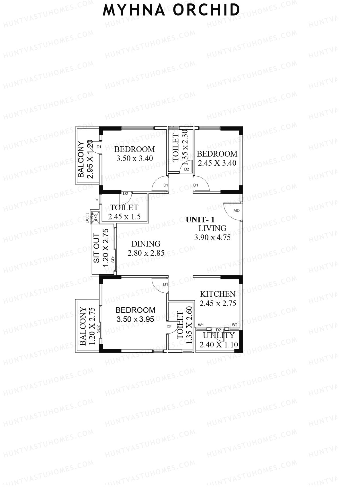 Myhna Orchid, Block 1, Unit 6, 3BHK, Carpet Area 995   sq ft 