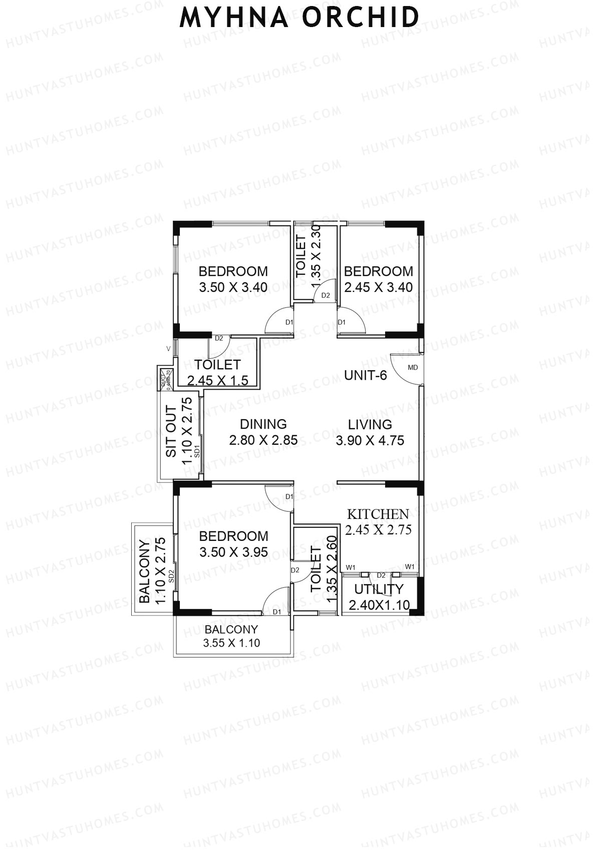 Myhna Orchid, Block 1, Unit 6, 3BHK, Carpet Area 992   sq ft 