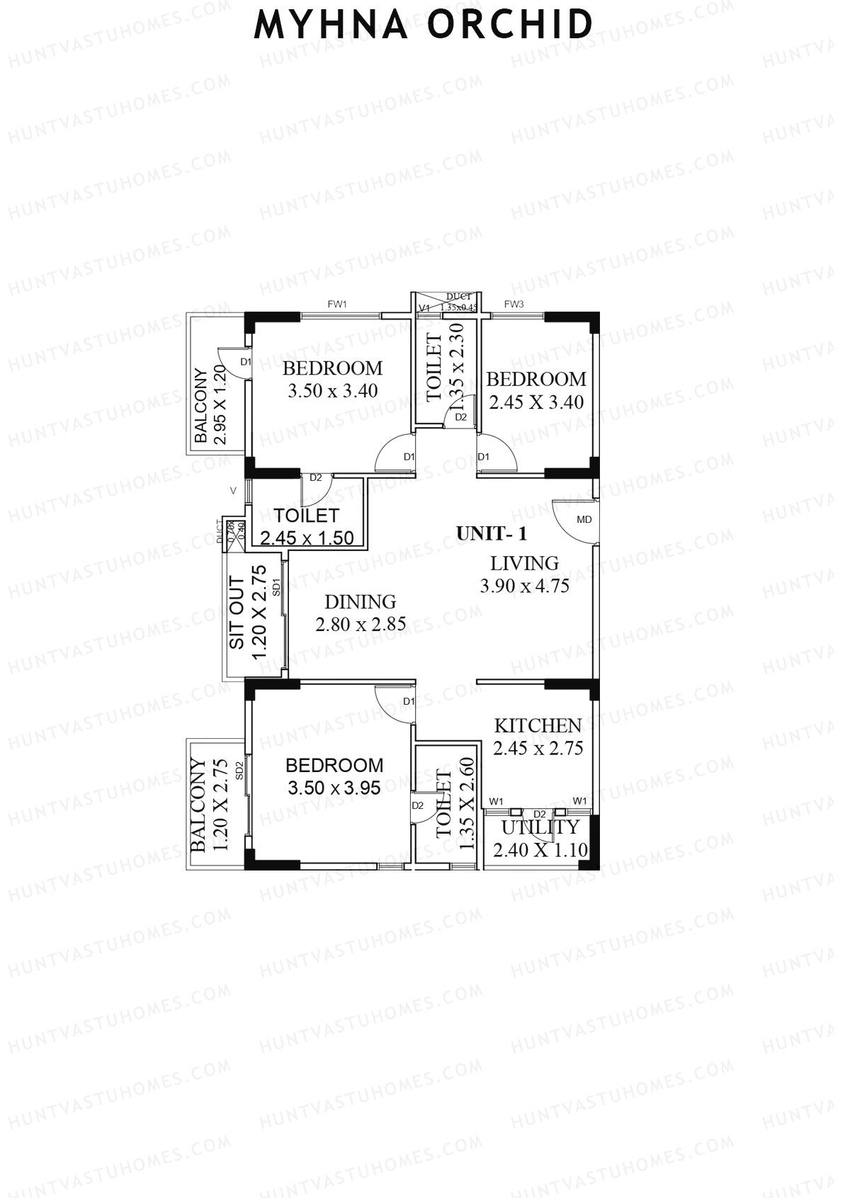 Myhna Orchid, Block 1, Unit 6, 3BHK, Carpet Area 995   sq ft 