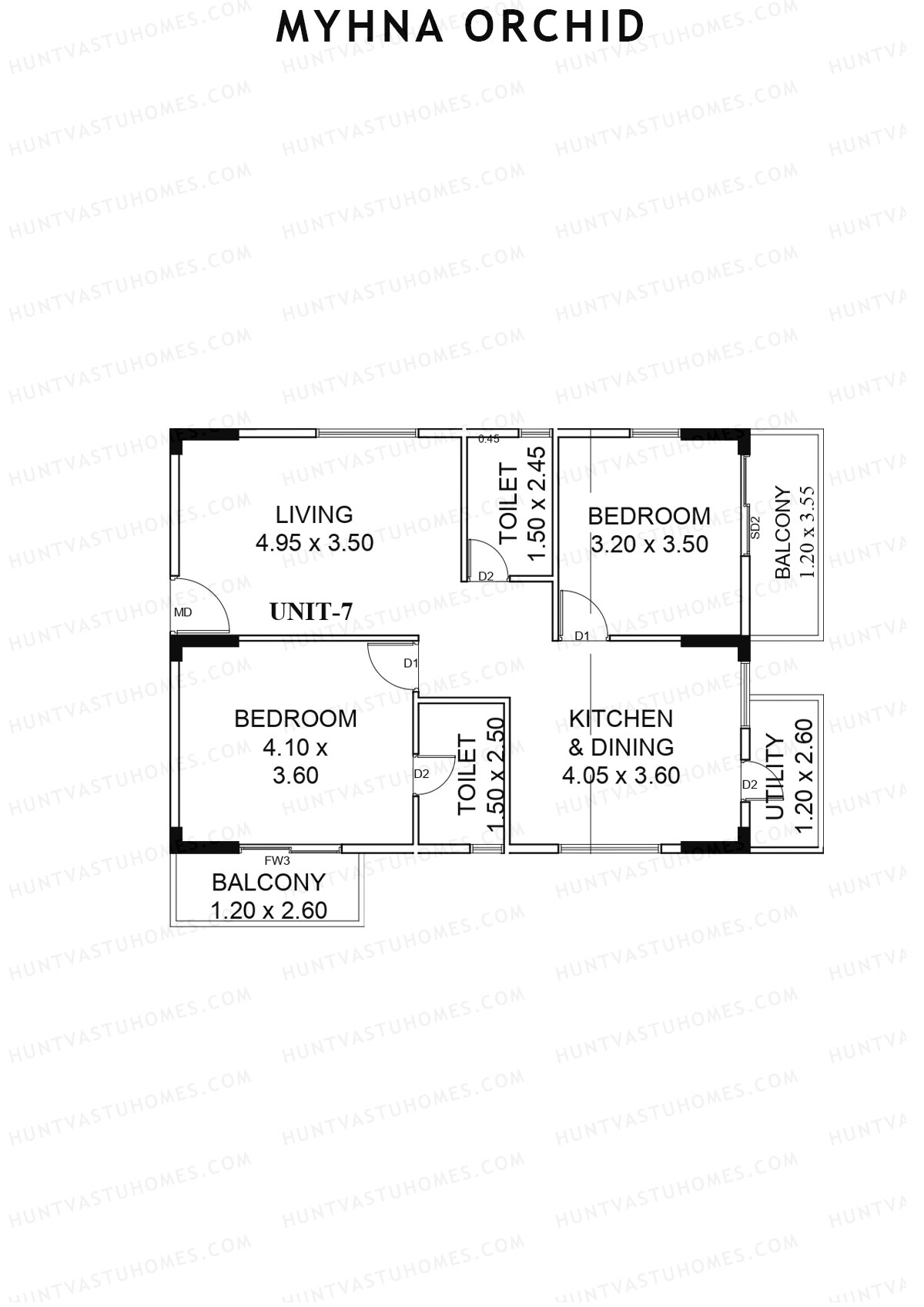 Myhna Orchid, Block 1, Unit 7, 2BHK, Carpet Area 866   sq ft 