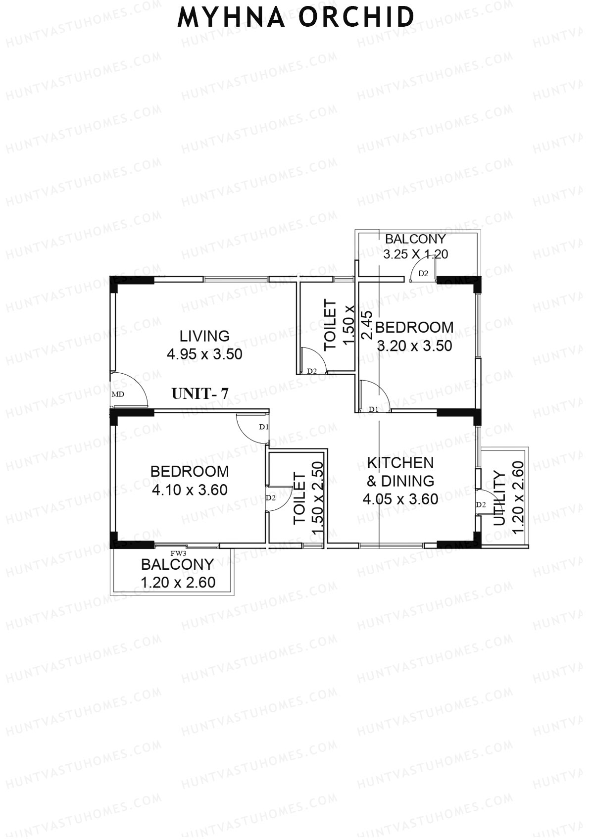 Myhna Orchid, Block 1, Unit 7, 2BHK, Carpet Area 830   sq ft 