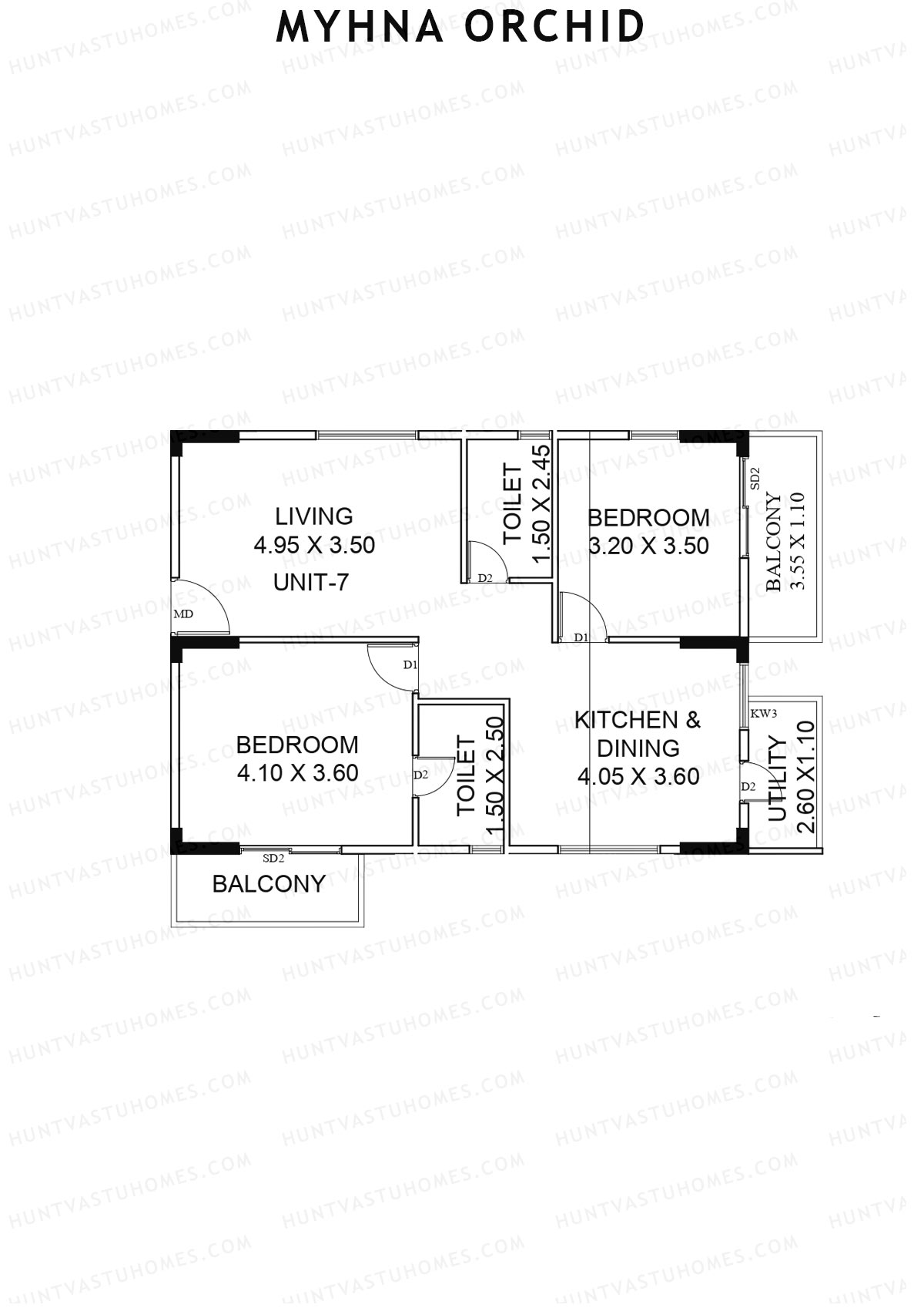 Myhna Orchid, Block 1, Unit 7, 2BHK, Carpet Area 859   sq ft 