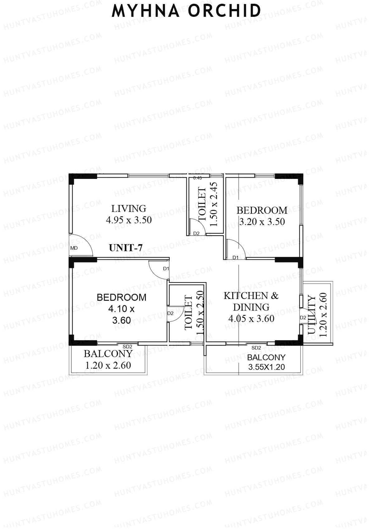Myhna Orchid, Block 1, Unit 7, 2BHK, Carpet Area 866   sq ft 