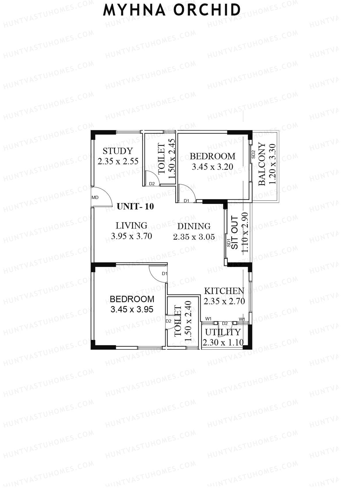 Myhna Orchid, Block 1, Unit 9, 2BHK, Carpet Area 848   sq ft 