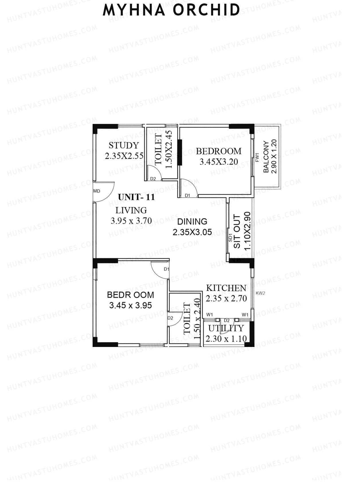 Myhna Orchid, Block 2, Unit 11, 2BHK, Carpet Area 805   sq ft 